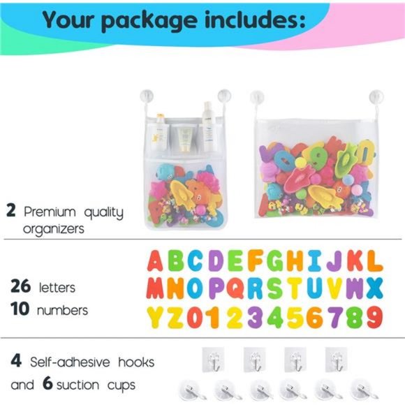 2 x Mesh Bath Toy Organizer + 6 Ultra Strong Hooks + 36 Bath Letters & Numbers - Picture 5 of 12